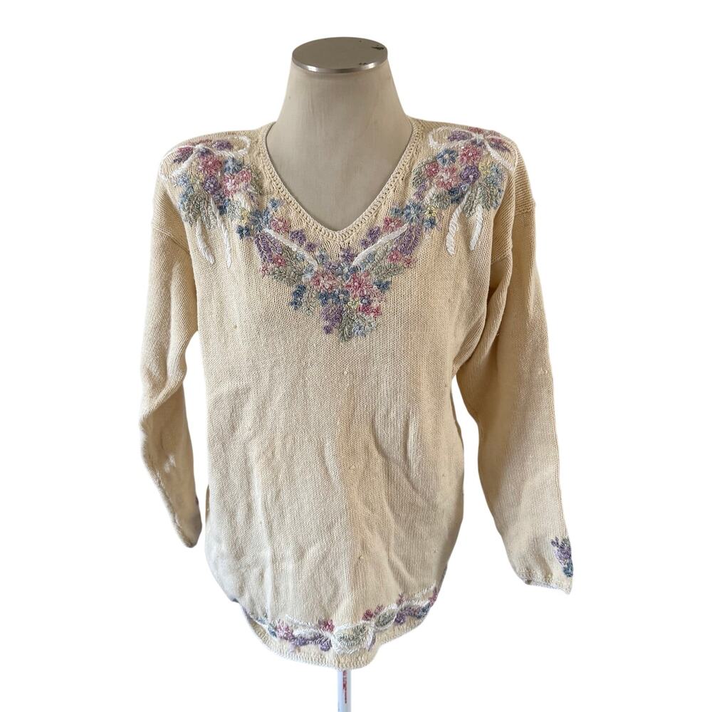 Vtg 80s 90s Floral Beaded Embroidered Sweater Size M Cottagecore Fairycore